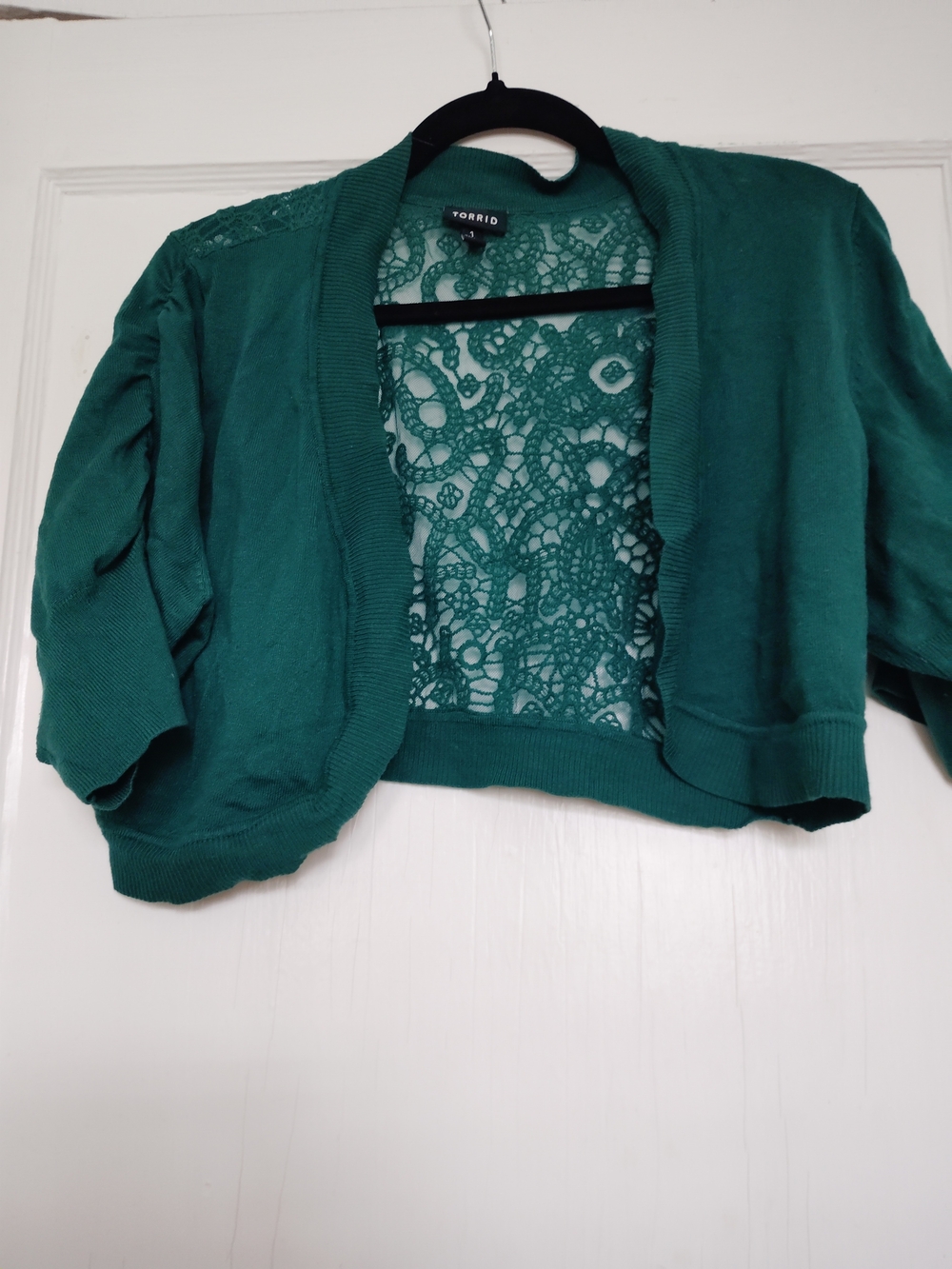 Torrid 1 Teal Green Lace-Back Cropped Cardigan Shrug Plus Size 1x